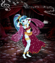 Size: 2551x2920 | Tagged: safe, artist:invisibleguy-ponyman, character:sonata dusk, my little pony:equestria girls, anklet, arabian nights, arm behind head, armlet, armpits, beautiful, belly button, belly dancer, belly dancer outfit, bracelet, cute, dancing, ear piercing, earring, eyeshadow, feet, female, gem, jewelry, leg bracelet, loincloth, looking at you, makeup, midriff, music notes, piercing, siren gem, solo, sonatabetes, stupid sexy sonata dusk