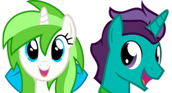 Size: 1886x1024 | Tagged: safe, artist:nupiethehero, artist:the smiling pony, oc, oc only, oc:corpulent brony, oc:minty root, species:pony, species:unicorn, derpibooru, bow, bust, cute, derpibooru badge, female, hair bow, male, mare, meta, oc x oc, show accurate, simple background, smiling, stallion, straight, transparent background, vector