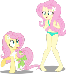 Size: 2250x2500 | Tagged: safe, artist:gabosor, artist:jeatz-axl, edit, editor:slayerbvc, character:fluttershy, species:pegasus, species:pony, equestria girls:forgotten friendship, g4, my little pony: equestria girls, my little pony:equestria girls, barefoot, bikini, blue swimsuit, boots, clothes swap, clothing, equestria girls outfit, feet, green swimsuit, high heel boots, human ponidox, looking down, looking up, ponidox, raised hoof, self ponidox, shoes, simple background, skirt, socks, swimsuit, swimsuit edit, tank top, transparent background, vector, vector edit