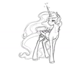 Size: 1273x1114 | Tagged: safe, artist:bri-sta, character:princess celestia, species:alicorn, species:pony, female, grayscale, mare, missing accessory, monochrome, simple background, sketch, solo, unshorn fetlocks, white background