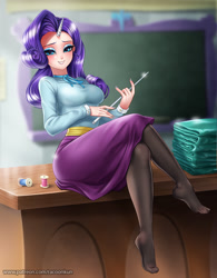 Size: 1000x1281 | Tagged: safe, alternate version, artist:racoonsan, character:rarity, species:human, episode:school daze, g4, my little pony: friendship is magic, anime, beautiful, blurred background, breasts, chalkboard, classroom, cloth, clothing, crossed legs, cummerbund, desk, eyelashes, eyeshadow, feet, female, horn, horned humanization, hot for teacher, humanized, indoors, legs, looking at you, makeup, missing shoes, nail polish, necktie, pantyhose, pointer, raritights, sash, school of friendship, schoolmarm rarity, sexy, shirt, sitting, skirt, smiling, socks, solo, spool, stupid sexy rarity, teacher, tight clothing, toes