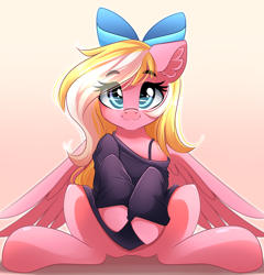 Size: 3193x3329 | Tagged: safe, artist:airiniblock, rcf community, oc, oc only, oc:bay breeze, species:pegasus, species:pony, bow, clothing, commission, cute, featureless crotch, female, hair bow, happy, looking at you, mare, ocbetes, off shoulder, off shoulder sweater, sitting, sweater