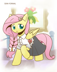 Size: 860x1080 | Tagged: safe, artist:howxu, character:fluttershy, alternate hairstyle, apron, bellossom, clothing, cropped, crossover, cute, dress, female, pokémon, pokémon gold and silver, shyabetes, solo