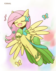 Size: 860x1080 | Tagged: safe, artist:howxu, character:fluttershy, species:pegasus, species:pony, butterfly, clothing, cropped, cute, dress, eyes closed, female, gala dress, mare, open mouth, shyabetes, singing, solo