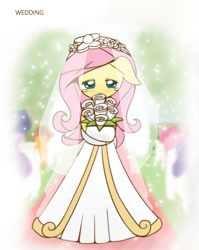 Size: 860x1080 | Tagged: safe, artist:howxu, character:applejack, character:fluttershy, character:pinkie pie, species:pony, bridal veil, clothing, cropped, crying, cute, dress, female, shyabetes, solo focus, tears of joy, wedding dress