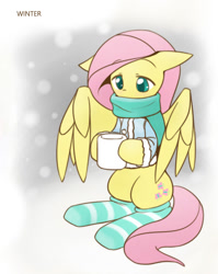 Size: 860x1080 | Tagged: safe, artist:howxu, character:fluttershy, species:pegasus, species:pony, chocolate, clothing, cropped, cute, female, food, hot chocolate, mug, scarf, shyabetes, snow, socks, solo, striped socks