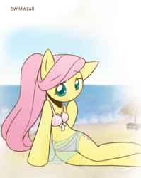 Size: 860x1080 | Tagged: safe, artist:howxu, character:fluttershy, species:pony, adorasexy, beach, bikini, bikini bottom, clothing, cropped, cute, female, looking at you, midriff, sarong, sexy, shyabetes, solo, swimsuit