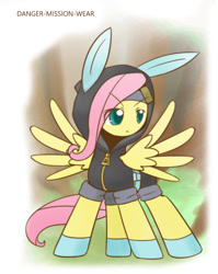 Size: 860x1080 | Tagged: safe, artist:howxu, character:fluttershy, species:pegasus, species:pony, bunny ears, clothing, costume, cropped, cute, dangerous mission outfit, female, goggles, hoodie, mare, shyabetes, solo