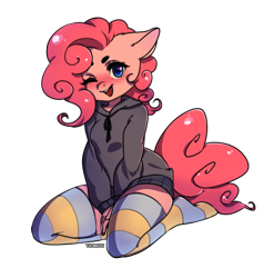 Size: 5209x5473 | Tagged: safe, artist:yukomaussi, character:pinkie pie, species:anthro, species:earth pony, species:pony, species:unguligrade anthro, absurd resolution, clothing, female, hoodie, one eye closed, simple background, smiling, socks, solo, stockings, striped socks, thigh highs, transparent background, wink