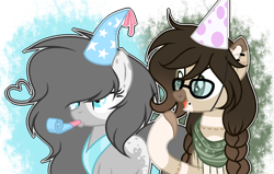 Size: 1024x653 | Tagged: safe, artist:mintoria, artist:roseloverofpastels, oc, oc only, oc:rosy, species:pony, clothing, female, glasses, hat, mare, party hat, party horn