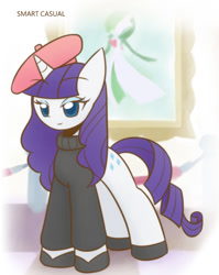 Size: 860x1080 | Tagged: safe, artist:howxu, character:rarity, species:pony, beatnik rarity, beret, clothing, cropped, crossover, female, hat, mare, pokémon, solo, sweater