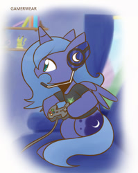 Size: 860x1080 | Tagged: safe, artist:howxu, character:princess luna, species:alicorn, species:pony, gamer luna, controller, cropped, cute, female, filly, gamer, gamer woona, headset, lunabetes, mare, solo, woona, xbox, younger