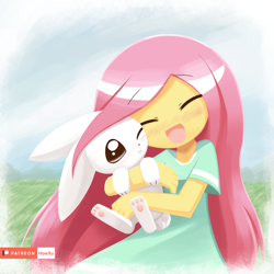Size: 1000x1000 | Tagged: safe, artist:howxu, character:angel bunny, character:fluttershy, my little pony:equestria girls, angelbetes, clothing, cute, dress, duo, female, howxu is trying to murder us, male, shyabetes