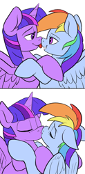 Size: 900x1822 | Tagged: safe, artist:ponythroat, edit, character:rainbow dash, character:twilight sparkle, character:twilight sparkle (alicorn), species:alicorn, species:pegasus, species:pony, ship:twidash, comic, eyes closed, female, flat colors, floppy ears, hug, kissing, lesbian, licking, looking at each other, mare, shipping, simple background, spread wings, tongue out, white background, wingboner, wings