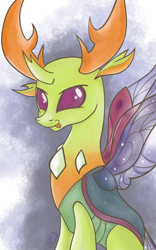 Size: 840x1344 | Tagged: safe, artist:dsana, character:thorax, species:changeling, species:reformed changeling, cute, looking at you, male, smiling, solo, thorabetes, tongue out, wings