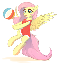 Size: 2745x2960 | Tagged: safe, artist:fensu-san, character:fluttershy, species:pegasus, species:pony, g4, beach ball, clothing, cute, female, lifeguard, mare, one-piece swimsuit, semi-anthro, shyabetes, signature, simple background, solo, spread wings, swimsuit, three quarter view, wings