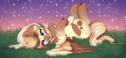 Size: 1600x749 | Tagged: safe, artist:pvrii, oc, oc only, oc:heavenly hazelnut, species:pegasus, species:pony, constellation, digital art, ear piercing, female, grass, looking at you, lying down, mare, piercing, signature, solo, spread wings, stars, wings