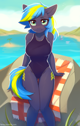 Size: 1273x2002 | Tagged: safe, artist:fensu-san, oc, oc only, oc:ultra marine, species:anthro, species:earth pony, g4, anthro oc, beach, both cutie marks, clothing, ear down, earth pony oc, eyebrows, eyebrows visible through hair, female, full face view, looking at you, mare, one ear down, one-piece swimsuit, sitting, solo, swimsuit, thigh gap, underass