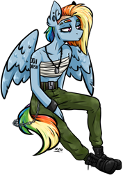 Size: 1975x2796 | Tagged: safe, artist:lrusu, character:rainbow dash, species:anthro, species:pegasus, species:pony, alternate hairstyle, bandage, boots, breasts, clothing, dog tags, female, mare, pants, shoes, signature, simple background, small breasts, solo, white background