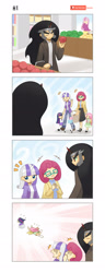 Size: 860x2242 | Tagged: safe, artist:howxu, character:cheerilee, character:fluttershy, character:king sombra, character:posey shy, character:twilight sparkle, character:twilight velvet, species:human, series:my little kindergarten, 4koma, apple, baguette, bread, clothing, comic, food, groceries, hidden eyes, horned humanization, humanized, running, shopping bags, shopping cart, skirt, watermelon, wheel o feet, winged humanization, wings