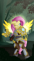 Size: 2160x3840 | Tagged: safe, artist:andelai, character:fluttershy, species:pegasus, species:pony, armor, badass, bipedal, fantasy class, female, flutterbadass, knight, mace, mare, one eye closed, paladin, scenery, semi-anthro, shield, solo, warcraft, warrior, weapon, wings, world of warcraft