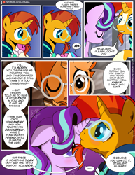 Size: 1275x1650 | Tagged: safe, artist:dsana, character:princess flurry heart, character:starlight glimmer, character:sunburst, species:pony, species:unicorn, comic:the shadow shard, ship:starburst, blushing, comic, female, floppy ears, forehead kiss, male, semi-grimdark series, shipping, straight, this will end in death, this will end in tears and/or death, this will not end well