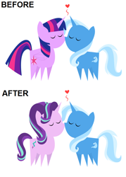 Size: 700x978 | Tagged: safe, artist:the smiling pony, edit, character:starlight glimmer, character:trixie, character:twilight sparkle, character:twilight sparkle (alicorn), species:alicorn, species:pony, species:unicorn, ship:startrix, ship:twixie, before and after, comparison, eyes closed, female, heart, lesbian, mare, pointy ponies, shipping, simple background, white background