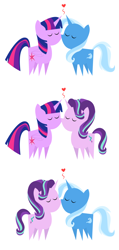 Size: 700x1468 | Tagged: safe, artist:the smiling pony, edit, character:starlight glimmer, character:trixie, character:twilight sparkle, character:twilight sparkle (alicorn), species:alicorn, species:pony, species:unicorn, ship:startrix, ship:twistarlight, ship:twixie, eyes closed, female, heart, kissing, lesbian, mare, pointy ponies, shipping, simple background, white background