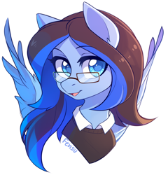 Size: 2510x2610 | Tagged: safe, artist:fensu-san, oc, oc only, oc:stormquill, species:pegasus, species:pony, bust, clothing, female, glasses, high res, looking at you, mare, open mouth, portrait, simple background, sketch, solo, white background
