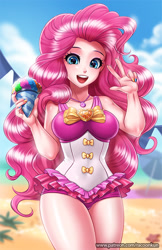 Size: 750x1160 | Tagged: safe, artist:racoonsan, character:pinkie pie, species:human, episode:too hot to handle, g4, my little pony: equestria girls, my little pony:equestria girls, adorasexy, anime, beach, beach babe, beautiful, bow swimsuit, clothing, curvy, cute, diapinkes, female, frilled swimsuit, geode of sugar bombs, humanized, jewelry, looking at you, magical geodes, nail polish, necklace, one-piece swimsuit, open mouth, peace sign, pink swimsuit, sexy, smiling, snowcone, solo, standing, stupid sexy pinkie, swimsuit, thighs, tricolor swimsuit