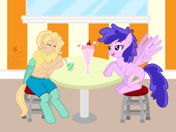 Size: 1352x1016 | Tagged: safe, artist:oneovertwo, character:plumberry, oc, oc:gale, parent:zephyr breeze, satyr, species:pegasus, species:pony, belly button, canon x oc, clothing, female, male, midriff, older, shipping, short shirt, straight