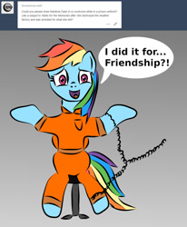 Size: 973x1183 | Tagged: safe, artist:platinumdrop, character:rainbow dash, ask, clothing, dialogue, female, prison outfit, prisoner, prisoner rd, request, shrug, solo, tumblr, tumblr:ask-platinumdrop