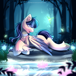 Size: 2222x2222 | Tagged: safe, artist:airiniblock, rcf community, oc, oc only, oc:eun byeol, species:pegasus, species:pony, collar, dragonfly, female, freckles, glow, mare, open mouth, solo, tree, water, ych result