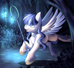 Size: 2165x1999 | Tagged: safe, artist:airiniblock, rcf community, oc, oc only, oc:eun byeol, species:pegasus, species:pony, collar, dragonfly, female, freckles, glow, grass, mare, net, open mouth, solo, tree, ych result