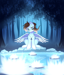 Size: 1512x1787 | Tagged: safe, artist:airiniblock, rcf community, oc, oc:sorren, species:pegasus, species:pony, grass, jewelry, male, necklace, smiling, smug, solo, stallion, tree, water, ych result