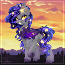 Size: 1600x1600 | Tagged: safe, artist:pvrii, oc, oc only, oc:midnight radiance, species:bat pony, species:pony, bat pony oc, digital art, ear piercing, female, grin, looking at you, looking back, mare, nose piercing, piercing, plot, redesign, signature, smiling, solo, underhoof