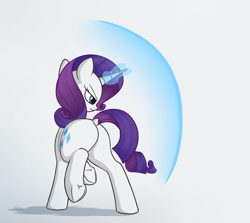 Size: 2366x2106 | Tagged: safe, artist:andelai, character:rarity, species:pony, species:unicorn, barrier, dock, featureless crotch, female, frog (hoof), frown, glowing horn, horn, magic, mare, plot, raised hoof, raised tail, rear view, rearity, shield, simple background, solo, standing, tail, underhoof, white background
