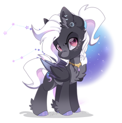 Size: 1600x1612 | Tagged: safe, artist:pvrii, oc, oc only, oc:stellar solstice, species:pony, chest fluff, chibi, digital art, ear fluff, ear piercing, grumpy, hairband, jewelry, leg fluff, male, necklace, signature, simple background, solo, stallion, transparent background, white hair, white mane, white tail