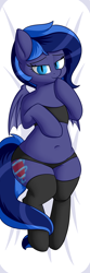 Size: 2952x8858 | Tagged: safe, artist:andelai, oc, oc only, oc:aurora heart, species:bat pony, species:pony, absurd resolution, bandeau, bat pony oc, bedroom eyes, black underwear, body pillow, body pillow design, bra, bra on pony, clothing, female, looking at you, on back, panties, solo, stockings, thigh highs, underwear
