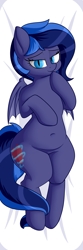 Size: 2952x8858 | Tagged: safe, alternate version, artist:andelai, oc, oc only, oc:aurora heart, species:bat pony, species:pony, g4, absurd resolution, bat pony oc, bedroom eyes, belly button, body pillow, body pillow design, clothing, featureless crotch, female, looking at you, on back, solo