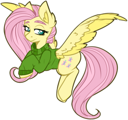 Size: 921x868 | Tagged: safe, artist:lrusu, character:fluttershy, species:pegasus, species:pony, clothing, female, lidded eyes, looking at you, looking sideways, mare, simple background, solo, spread wings, sweater, sweatershy, three quarter view, transparent background, wings