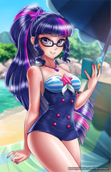 Size: 750x1160 | Tagged: safe, alternate version, artist:racoonsan, character:twilight sparkle, character:twilight sparkle (scitwi), species:eqg human, species:human, g4, my little pony: equestria girls, my little pony:equestria girls, adorasexy, anime, beach, beach babe, beautiful, blue swimsuit, book, clothing, cute, female, geode of telekinesis, glasses, humanized, looking at you, nail polish, ocean, one-piece swimsuit, ponytail, sand, sexy, sexy egghead, smiling, solo, striped swimsuit, swimsuit, tricolor swimsuit, twiabetes
