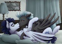Size: 4960x3507 | Tagged: safe, artist:kikirdcz, character:soarin', character:thunderlane, species:pegasus, species:pony, bed, bedroom, commission, eyes closed, floppy ears, gay, kissing, making out, male, open mouth, shipping, soarilane, stallion