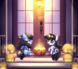 Size: 3333x2943 | Tagged: safe, artist:airiniblock, rcf community, oc, oc only, species:bat pony, species:earth pony, species:pony, bat pony oc, candy, clothing, costume, cute, door, duo, female, filly, food, halloween, holiday, jack-o-lantern, ocbetes, open mouth, pumpkin, smiling