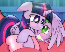 Size: 1277x1021 | Tagged: safe, artist:dsana, character:spike, character:twilight sparkle, character:twilight sparkle (alicorn), species:alicorn, species:dragon, species:pony, episode:father knows beast, g4, my little pony: friendship is magic, baby, baby dragon, blushing, cute, dawwww, dsana is trying to murder us, fangs, female, floppy ears, forehead kiss, green eyes, horn, hug, kissing, male, mama twilight, mare, pillow, signature, spikabetes, spikelove, twiabetes, twilight's castle, weapons-grade cute, winghug, wings