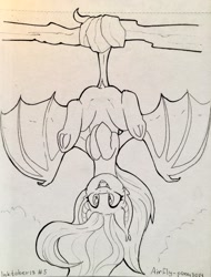 Size: 975x1280 | Tagged: safe, artist:airfly-pony, rcf community, character:flutterbat, character:fluttershy, species:bat pony, inktober, cute, fangs, female, frog (hoof), hanging, hanging upside down, ink drawing, inktober 2018, lineart, monochrome, prehensile tail, race swap, smiling, solo, traditional art, underhoof, upside down