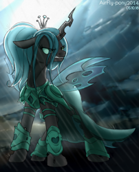 Size: 1280x1586 | Tagged: safe, artist:airfly-pony, rcf community, character:queen chrysalis, species:changeling, alternate hairstyle, armor, changeling queen, fantasy class, female, looking up, solo, warrior