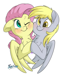 Size: 1600x1900 | Tagged: safe, artist:fluffyxai, character:derpy hooves, character:fluttershy, species:pegasus, species:pony, ship:derpyshy, blushing, bust, cheek squish, chest fluff, cute, derpabetes, female, holding hooves, lesbian, rubbing cheeks, shipping, shyabetes, simple background, smiling, spread wings, squishy cheeks, transparent background, wings