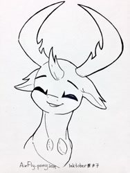 Size: 960x1280 | Tagged: safe, artist:airfly-pony, rcf community, character:thorax, species:changeling, species:reformed changeling, inktober, bust, cute, eyes closed, happy, ink, inktober 2018, lineart, male, portrait, smiling, solo, thorabetes