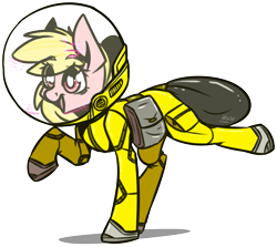 Size: 2600x2322 | Tagged: safe, artist:lrusu, oc, oc only, oc:puppysmiles, species:earth pony, species:pony, fallout equestria, canterlot ghoul, fallout equestria: pink eyes, fanfic, fanfic art, female, filly, foal, hazmat suit, hooves, open mouth, raised hoof, saddle bag, signature, simple background, smiling, solo, space helmet, transparent background